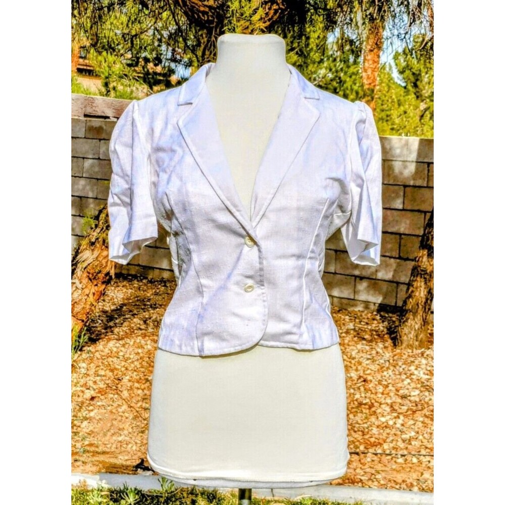 1980s Ivory Linen Polyester/Rayon S/S Womens Petite Small Blazer Button Top EUC